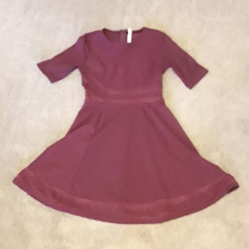 NY COLLECTION Petite Small Fit n' Flare Dress, Burgundy With Mesh Ribbon Bottom